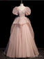 Pink Tulle Puff Sleeve Beading Prom Dresses