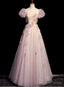Pink Tulle Puff Sleeve Flower Prom Dresses