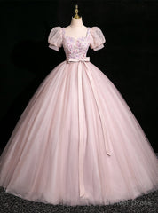 Pink Tulle Puff Sleeve Flower Quinceanera Dress