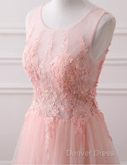 Pink Tulle Round Lace Applique Long Formal Dresses, Pink Tulle Junior Prom Dresses Party Dresses