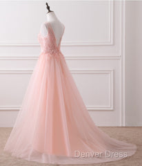 Pink Tulle Round Lace Applique Long Formal Dresses, Pink Tulle Junior Prom Dresses Party Dresses