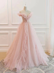Pink Tulle Ruffles Off The Shoulder Long Prom Dresses
