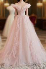 Pink Tulle Ruffles Off The Shoulder Long Prom Dresses
