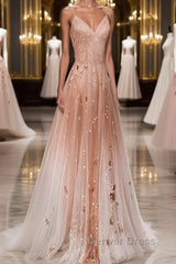 Pink tulle sequin beads long prom Dresses pink tulle formal Dresses