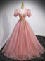 Pink Tulle Sequins Deep V Neck Puff Sleeve Beading Prom Dresses