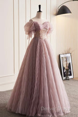 Pink Tulle Sequins Floor Length Prom Dresses, Beautiful Off The Shoulder Evening Party Dresses