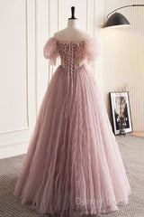 Pink Tulle Sequins Floor Length Prom Dresses, Beautiful Off The Shoulder Evening Party Dresses