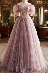 Pink Tulle Sequins Floor Length Prom Dresses, Beautiful Off The Shoulder Evening Party Dresses