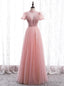 Pink Tulle Sequins High Neck Short Sleeve Beading Pleats Prom Dresses