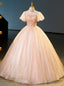 Pink Tulle Sequins High Neck Short Sleeve Quinceanera Dresses