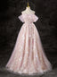 Pink Tulle Sequins Lace Off the Shoulder Prom Dresses