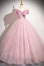 Pink Tulle Sequins Long A Line Prom Dress, Pink Off Shoulder Prom Dresses