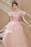 Pink Tulle Sequins Long Prom Dress, Beautiful Short Sleeve Prom Dresses