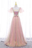 Pink Tulle Sequins Long Prom Dress, Cute Short Sleeve Prom Dresses