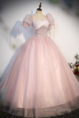 Pink Tulle Sequins Long Prom Dresses, Lovely A-Line Short Sleeve Evening Party Dresses