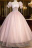 Pink Tulle Sequins Long Prom Dresses, Lovely A-Line Short Sleeve Evening Party Dresses