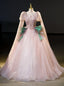 Pink Tulle Sequins Long Sleeve Appliques Quinceanera Dresses