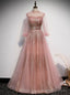 Pink Tulle Sequins Long Sleeve Backless Prom Dresses