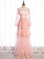 Pink Tulle Sequins Long Sleeve Tiers Prom Dresses