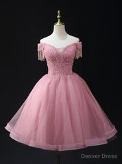 Pink Tulle Sequins Off the Shoulder Beading Homecoming Dress
