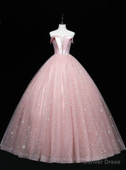 Pink Tulle Sequins Off the Shoulder Beading Quinceanera Dresses