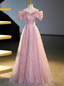 Pink Tulle Sequins Off the Shoulder Bow Prom Dresses