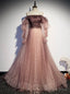 Pink Tulle Sequins Off the Shoulder Long Sleeve Prom Dresses