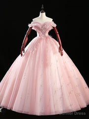 Pink Tulle Sequins Off the Shoulder Quinceanera Dress