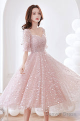 Pink Tulle Sequins Short A-Line Prom Dress, Cute Short Sleeve Evening Party Dress
