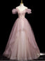 Pink Tulle Sequins Spaghetti Straps Beading Prom Dresses