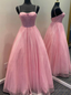 Pink Tulle Sequins Spaghetti Straps Prom Dresses