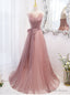 Pink Tulle Sequins Strapless Pleats Bow Prom Dresses