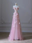 Pink Tulle Sequins Strapless Prom Dresses