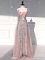 Pink Tulle Sequins Straps Flower Prom Dresses