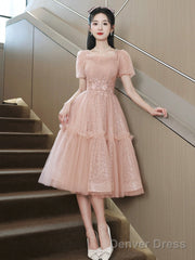 Pink Tulle Sequins Sweetheart Short Prom Dress, Pink Short Sleeve Party Dress