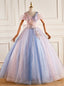 Pink Tulle Sequins V Neck Appliques Quinceanera Dresses