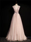 Pink Tulle Sequins V Neck Pleats Beading Prom Dresses