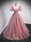 Pink Tulle Sequins V Neck Puff Sleeve Beading Prom Dresses