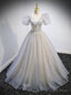 Pink Tulle Sequins V Neck Puff Sleeve Beading Sequins Prom Dresses