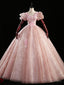 Pink Tulle Sequins V Neck Puff Sleeve Quinceanera Dresses