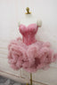 Pink Tulle Short Prom Dress with Feather, Chic Pink Strapless Prom Dresses