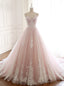 Pink Tulle Spaghetti Straps Backless Wedding Dresses With Beading