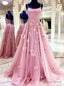Pink Tulle Spaghetti Straps Flower Prom Dresses