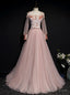 Pink Tulle Spaghetti Straps Long Sleeve Appliques Prom Dresses