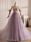 Pink Tulle Spaghetti Straps Pearls Prom Dresses