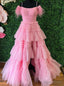 Pink Tulle Spaghetti Straps Pleats Feather Prom Dresses