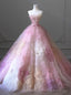 Pink Tulle Strapless Flower Prom Dresses