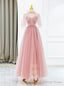 Pink Tulle Strapless Pleats Beading Prom Dresses