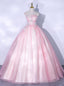 Pink Tulle Strapless White Appliques Quinceanera Dresses