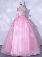Pink Tulle Straps Ball Gown Long Sweet 16 Dresses, Pink Tulle Formal Dresses